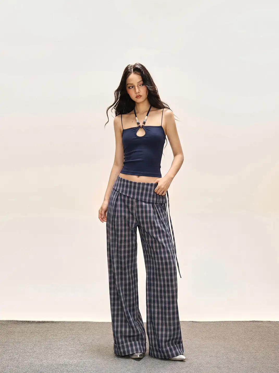 SHIYIYUE | Cuffed Waist Plaid Wide-Leg Straight Pants