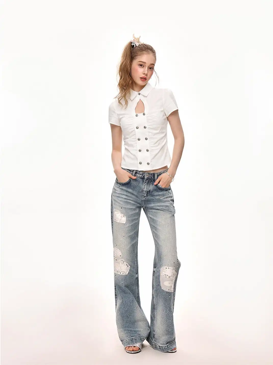 SHIYIYUE | Hollow Out Ruched Double-Breasted Short Sleeve Shirt