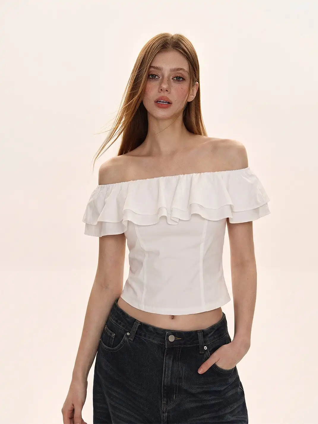 SHIYIYUE | Off-Shoulder Ruffled Waist-Cinched T-Shirt