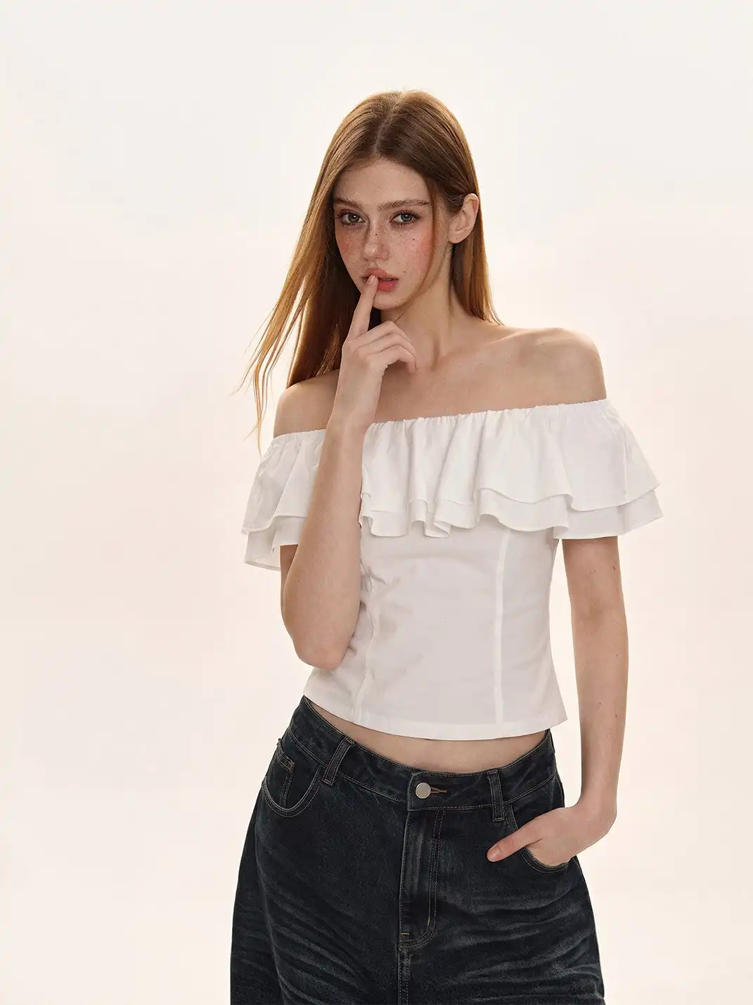 SHIYIYUE | Off-Shoulder Ruffled Waist-Cinched T-Shirt