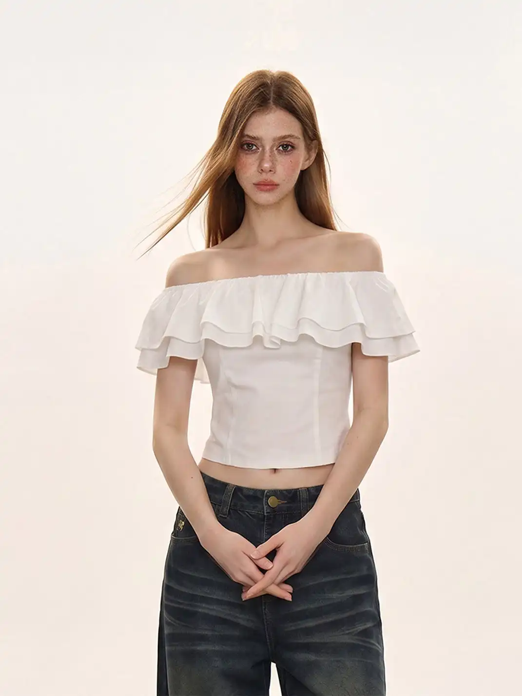SHIYIYUE | Off-Shoulder Ruffled Waist-Cinched T-Shirt
