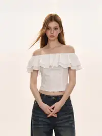 SHIYIYUE | Off-Shoulder Ruffled Waist-Cinched T-Shirt