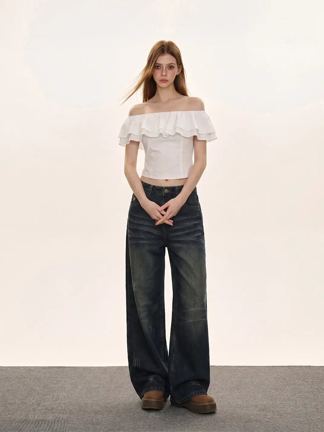 SHIYIYUE | Off-Shoulder Ruffled Waist-Cinched T-Shirt