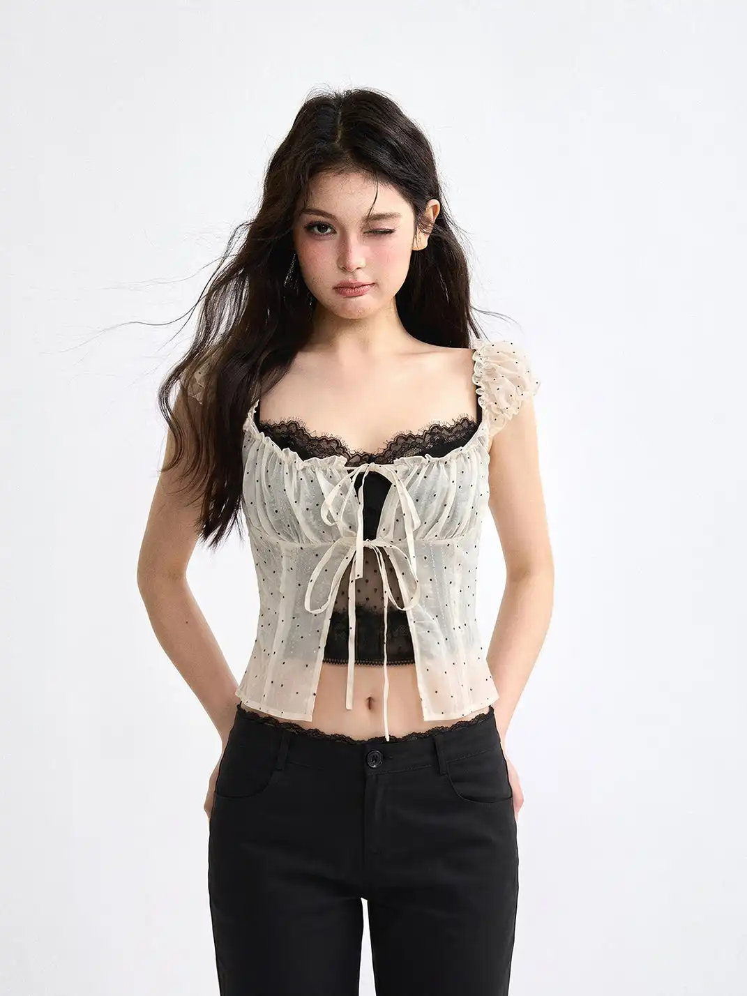 SHIYIYUE | Halter Tie Polka Dot Lace Cami Two-Piece Set