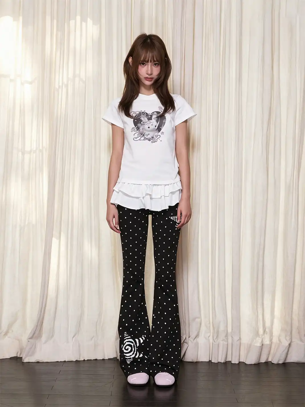 Marumaruzip | Polka Dot Stretch Slim Low-Rise Flare Pants