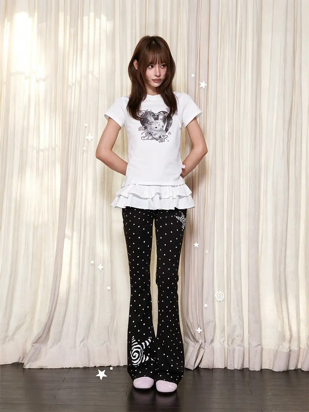 Marumaruzip | Polka Dot Stretch Slim Low-Rise Flare Pants