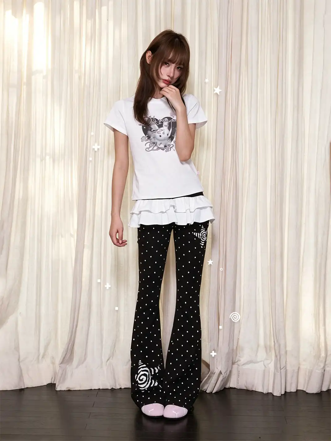 Marumaruzip | Polka Dot Stretch Slim Low-Rise Flare Pants