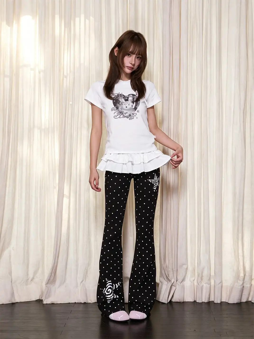 Marumaruzip | Polka Dot Stretch Slim Low-Rise Flare Pants