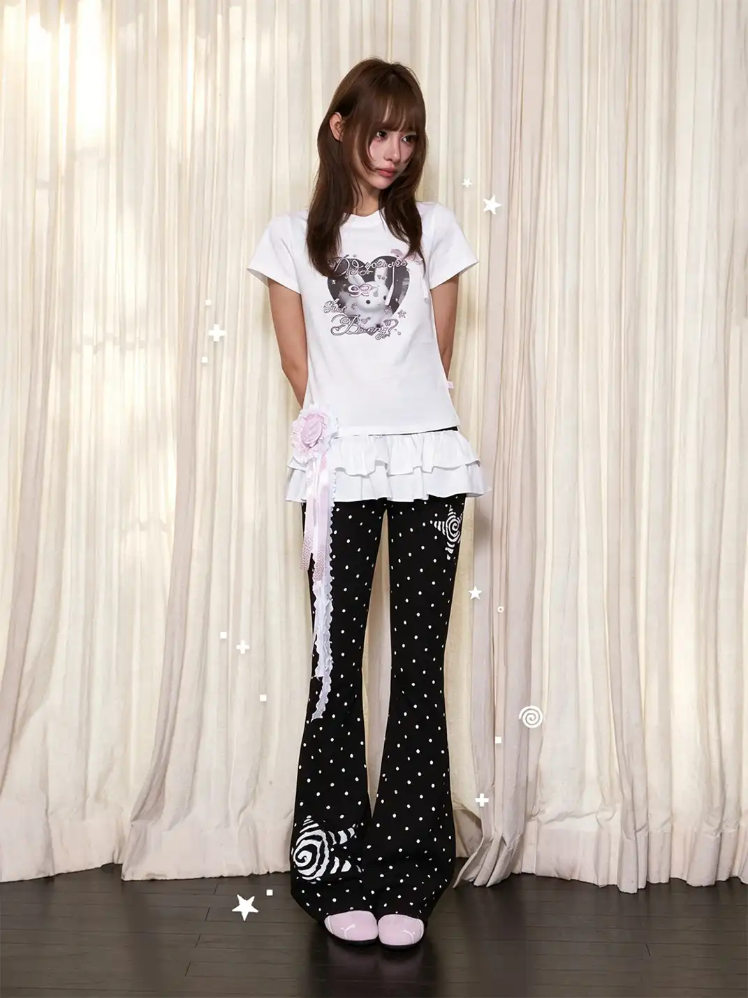 Marumaruzip | Polka Dot Stretch Slim Low-Rise Flare Pants