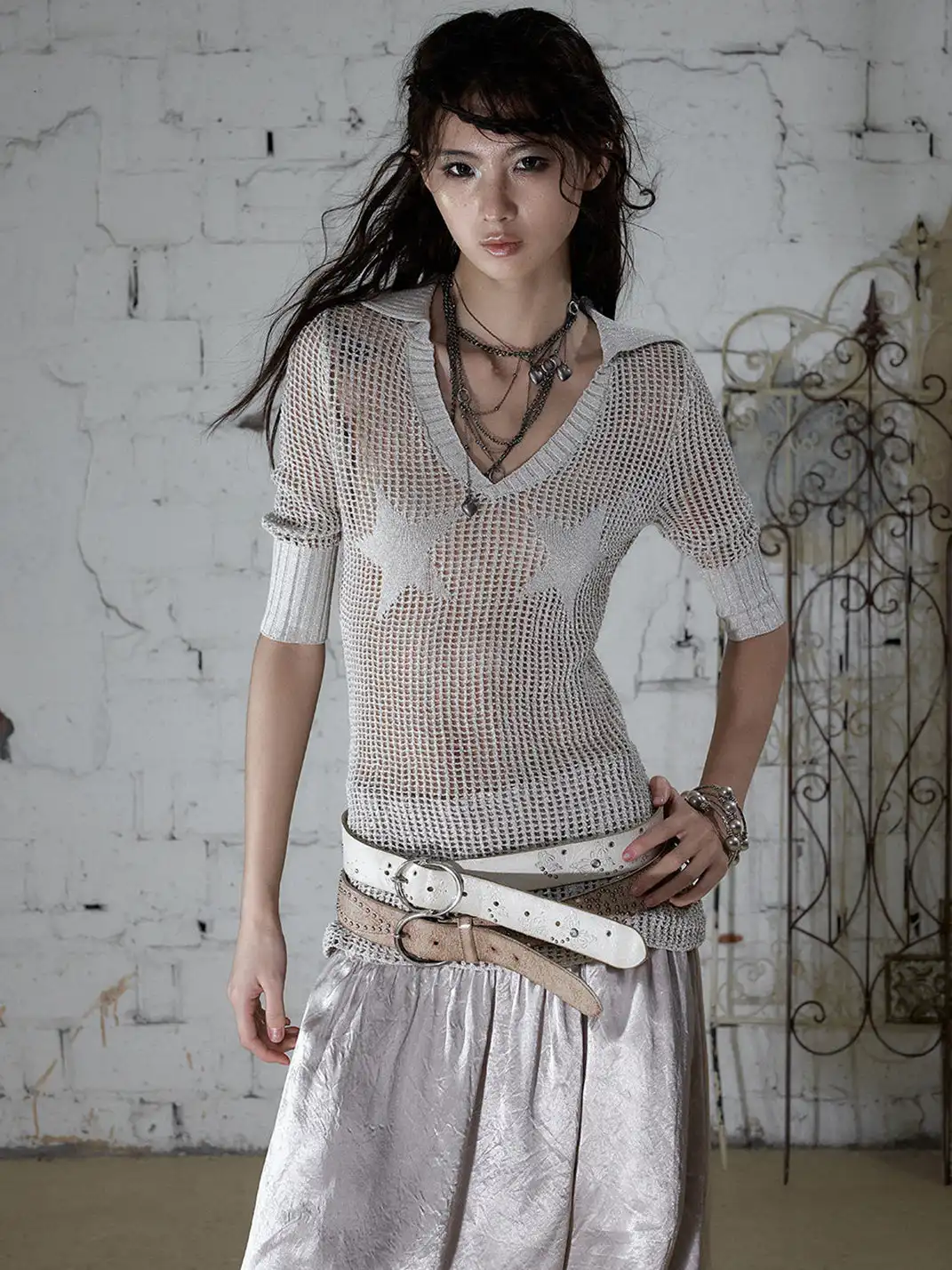 NO ROMANCE | Hollow Star V-Neck Knit Cover Up