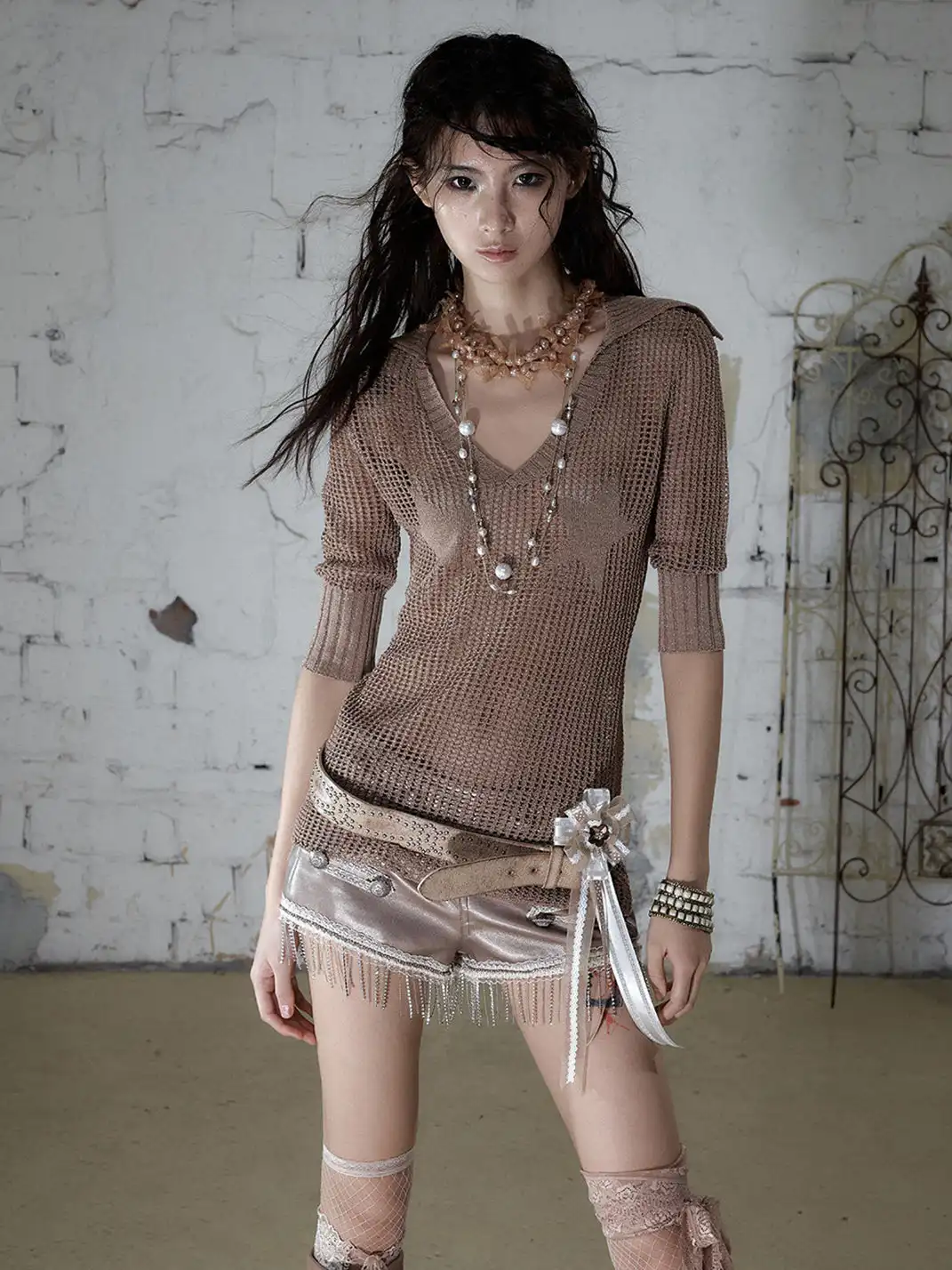 NO ROMANCE | Hollow Star V-Neck Knit Cover Up