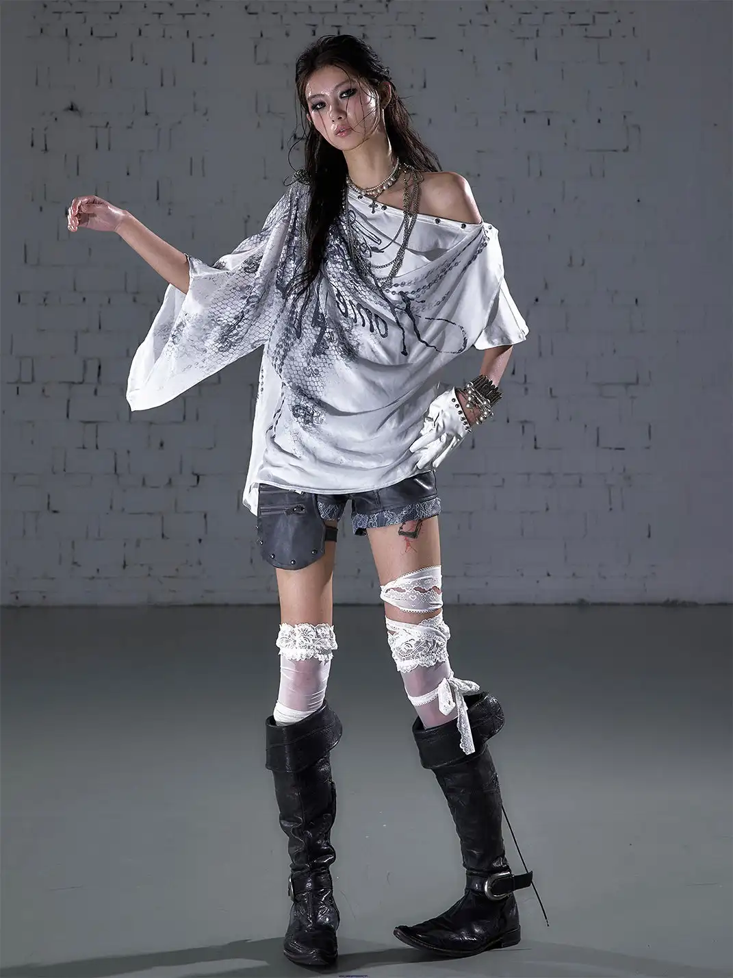 NO ROMANCE | Printed Chiffon Cowl Neck Off-Shoulder Faux Two-Piece T-Shirt