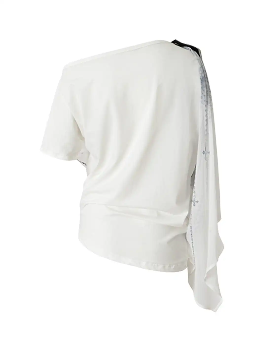 NO ROMANCE | Printed Chiffon Cowl Neck Off-Shoulder Faux Two-Piece T-Shirt