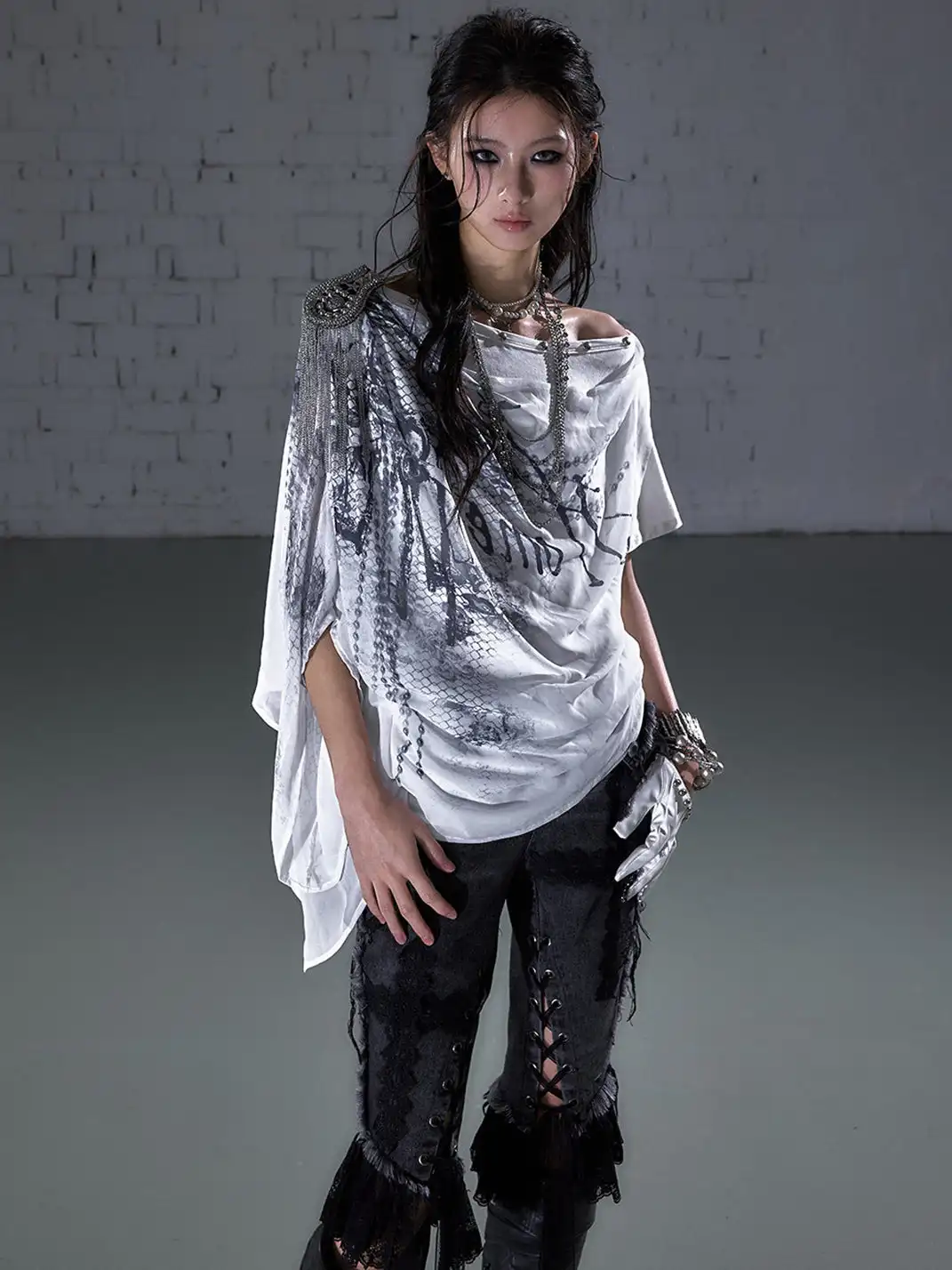 NO ROMANCE | Printed Chiffon Cowl Neck Off-Shoulder Faux Two-Piece T-Shirt
