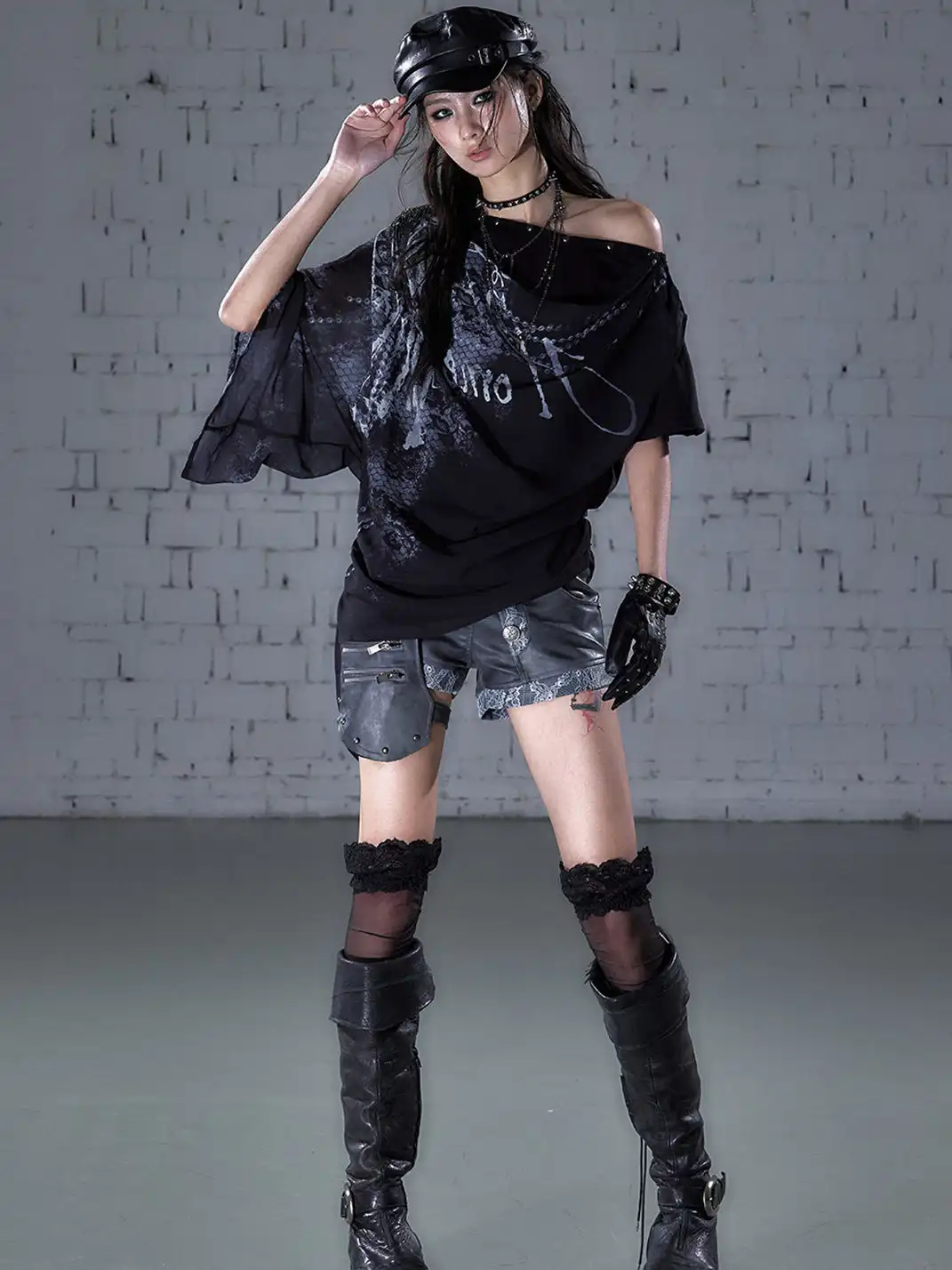 NO ROMANCE | Printed Chiffon Cowl Neck Off-Shoulder Faux Two-Piece T-Shirt