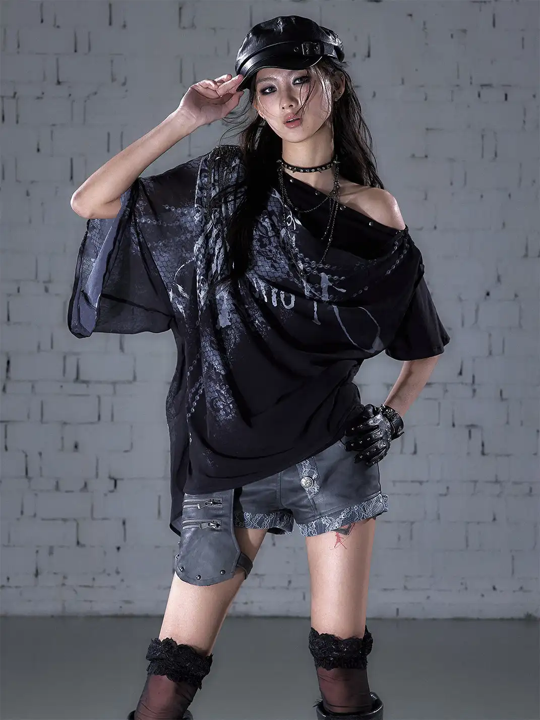 NO ROMANCE | Printed Chiffon Cowl Neck Off-Shoulder Faux Two-Piece T-Shirt