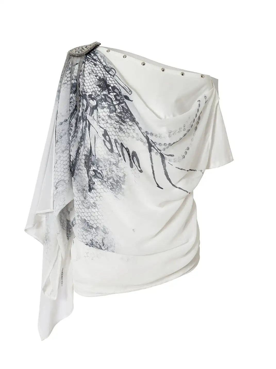 NO ROMANCE | Printed Chiffon Cowl Neck Off-Shoulder Faux Two-Piece T-Shirt