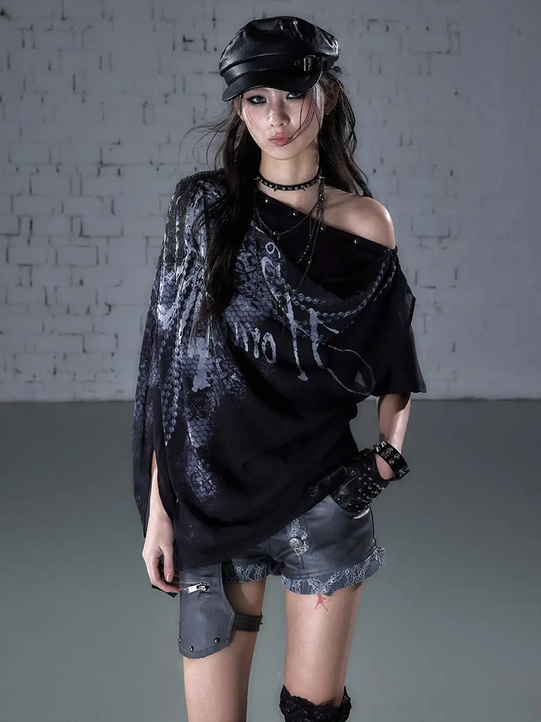 NO ROMANCE | Printed Chiffon Cowl Neck Off-Shoulder Faux Two-Piece T-Shirt