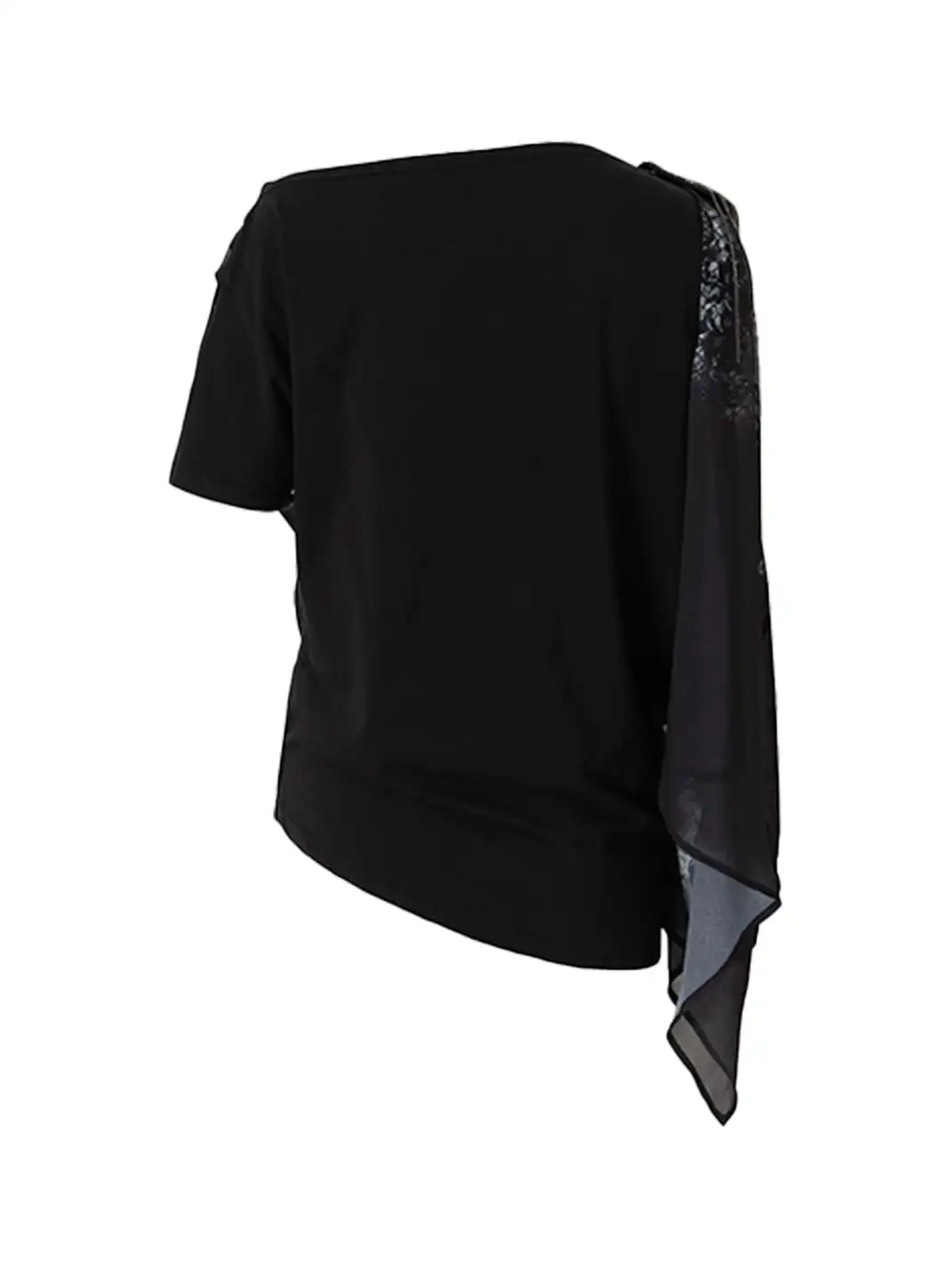 NO ROMANCE | Printed Chiffon Cowl Neck Off-Shoulder Faux Two-Piece T-Shirt