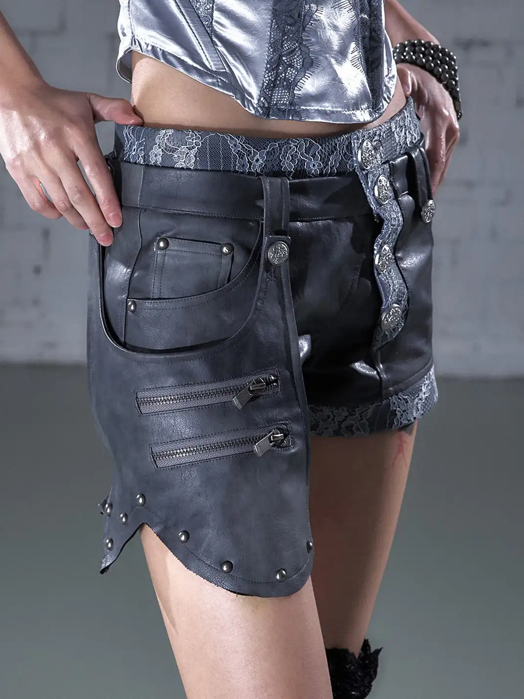 NO ROMANCE | Lace Fake Two-Piece Detachable Asymmetric Leather Shorts
