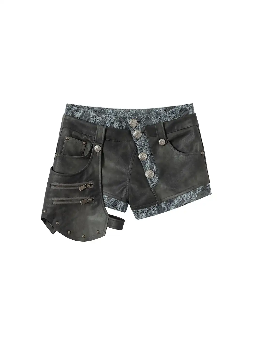 NO ROMANCE | Lace Fake Two-Piece Detachable Asymmetric Leather Shorts