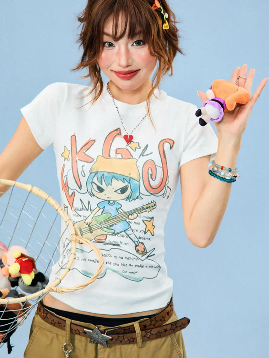 YOUNG STAGE | Cartoon Graffiti Regular Shoulder T-Shirt