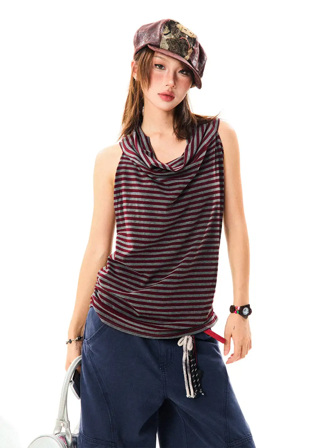 YOUNG STAGE | Off-Shoulder Striped Halter Camisole