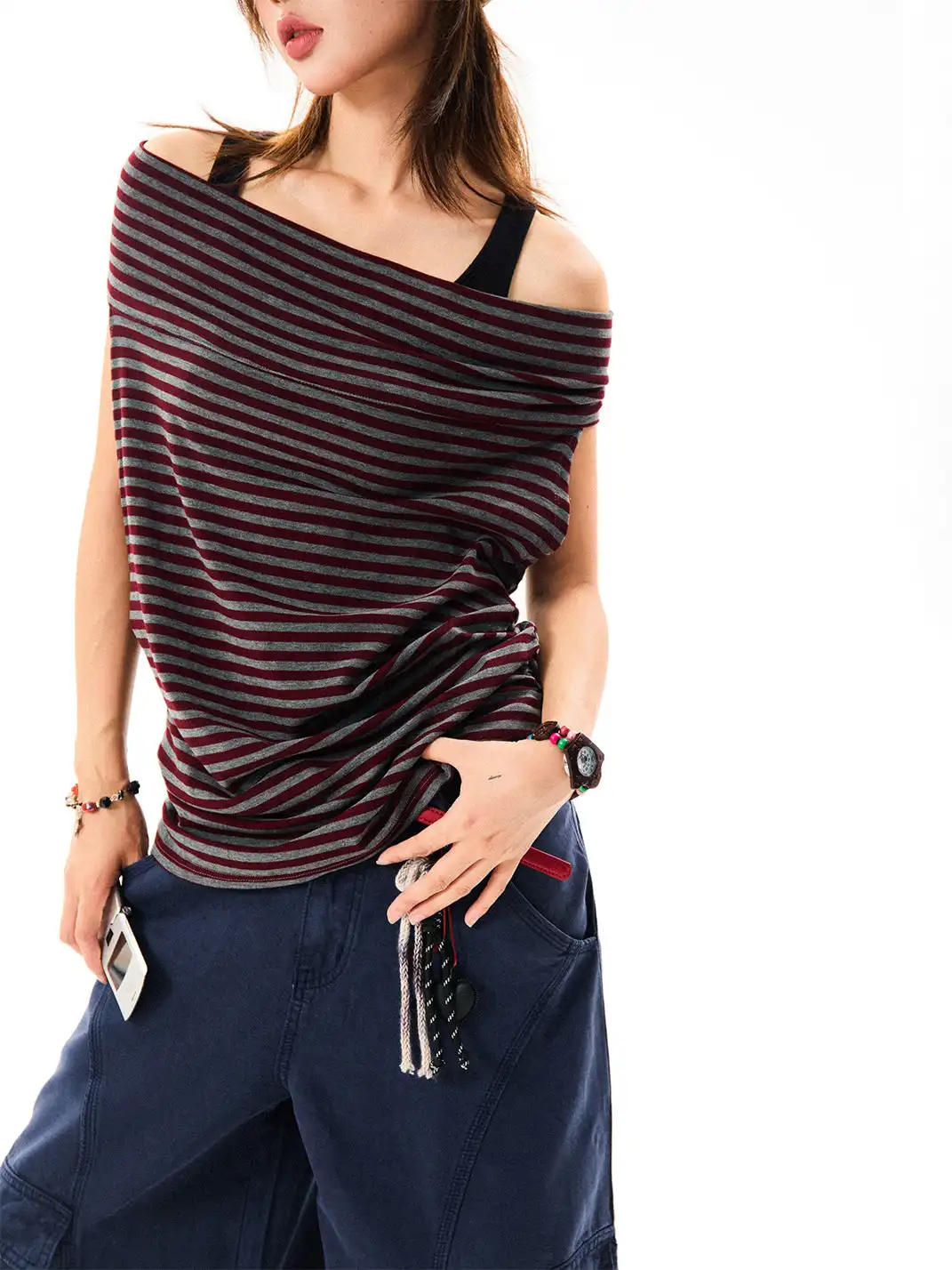 YOUNG STAGE | Off-Shoulder Striped Halter Camisole