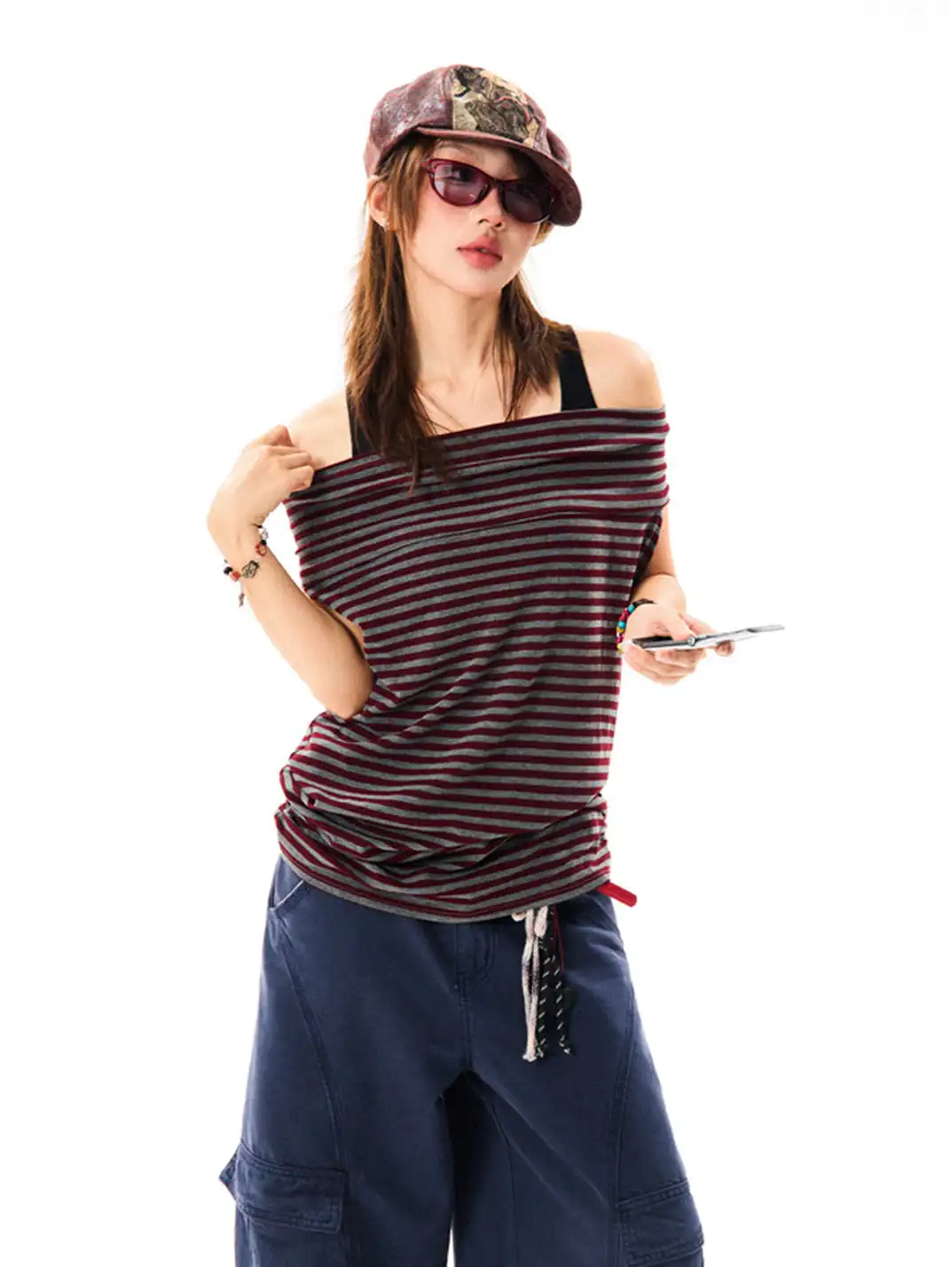 YOUNG STAGE | Off-Shoulder Striped Halter Camisole