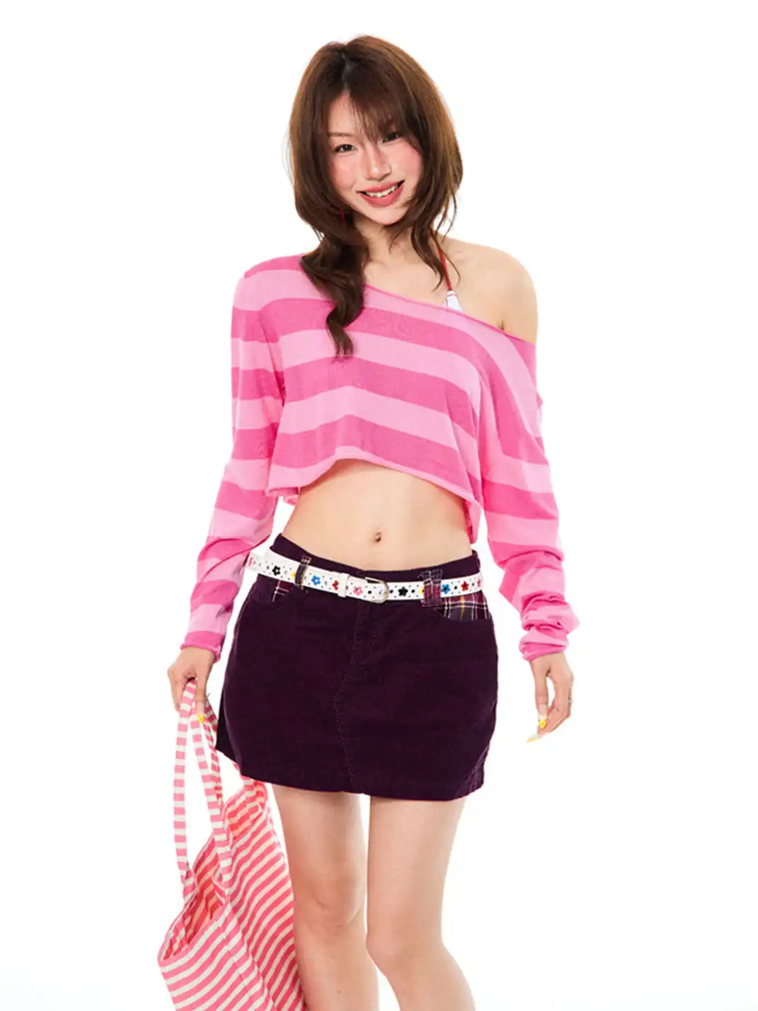 YOUNG STAGE | Striped One-Shoulder Long Sleeve T-Shirt