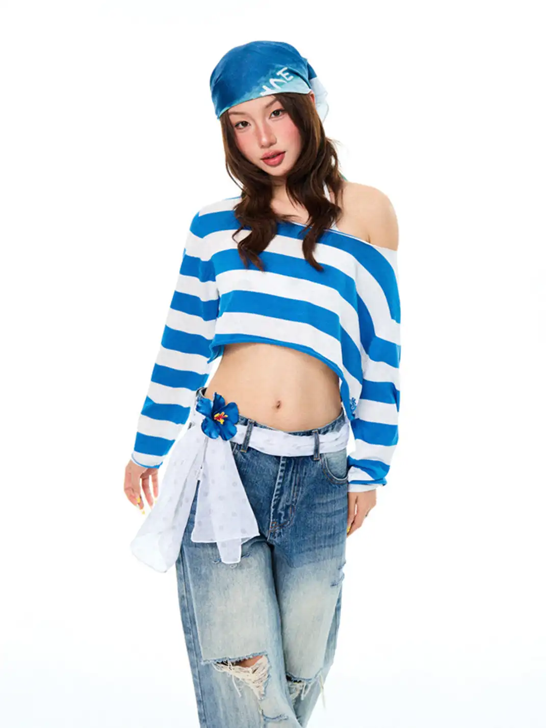 YOUNG STAGE | Striped One-Shoulder Long Sleeve T-Shirt