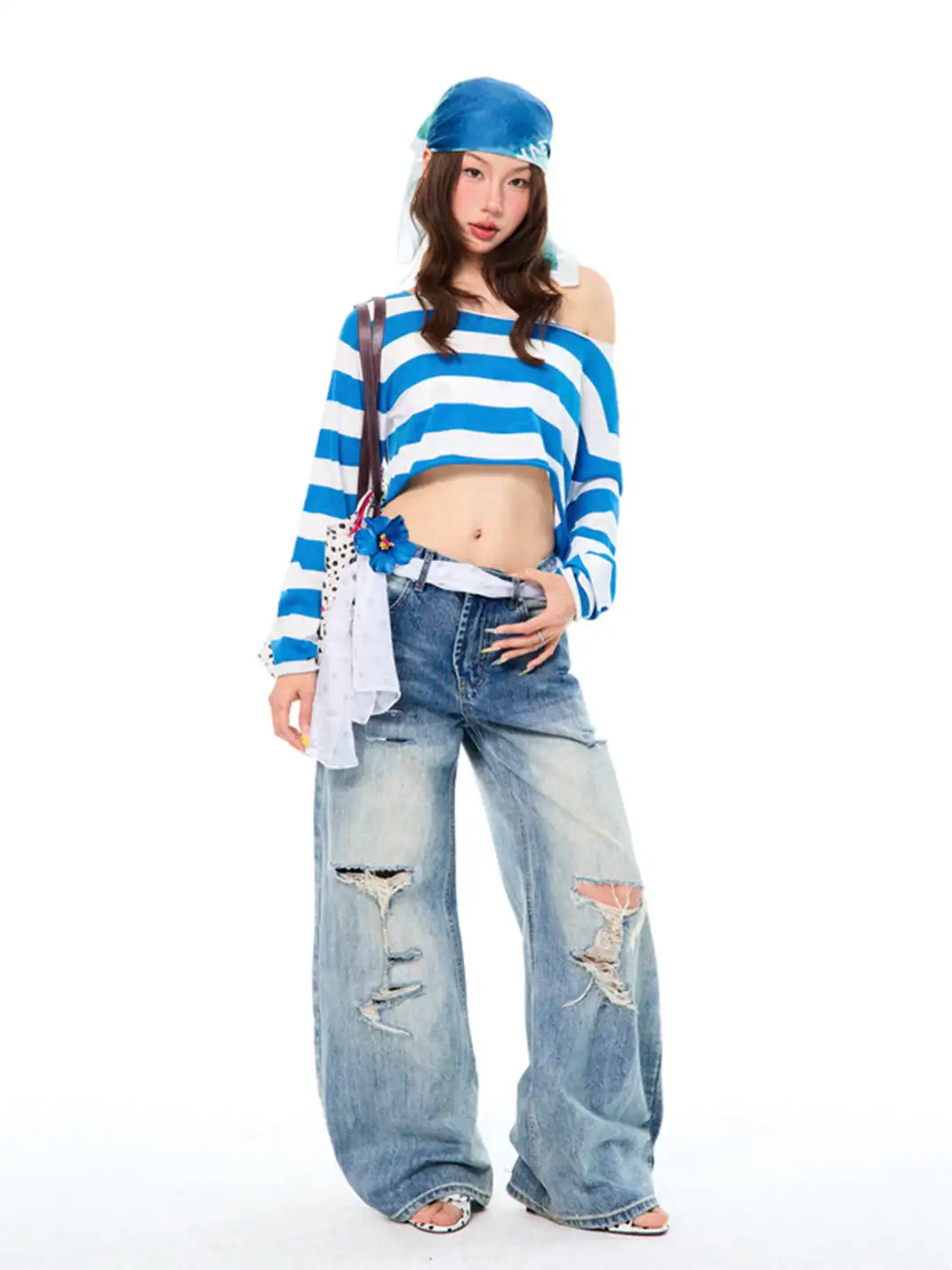 YOUNG STAGE | Striped One-Shoulder Long Sleeve T-Shirt