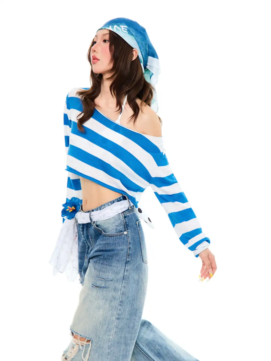 YOUNG STAGE | Striped One-Shoulder Long Sleeve T-Shirt