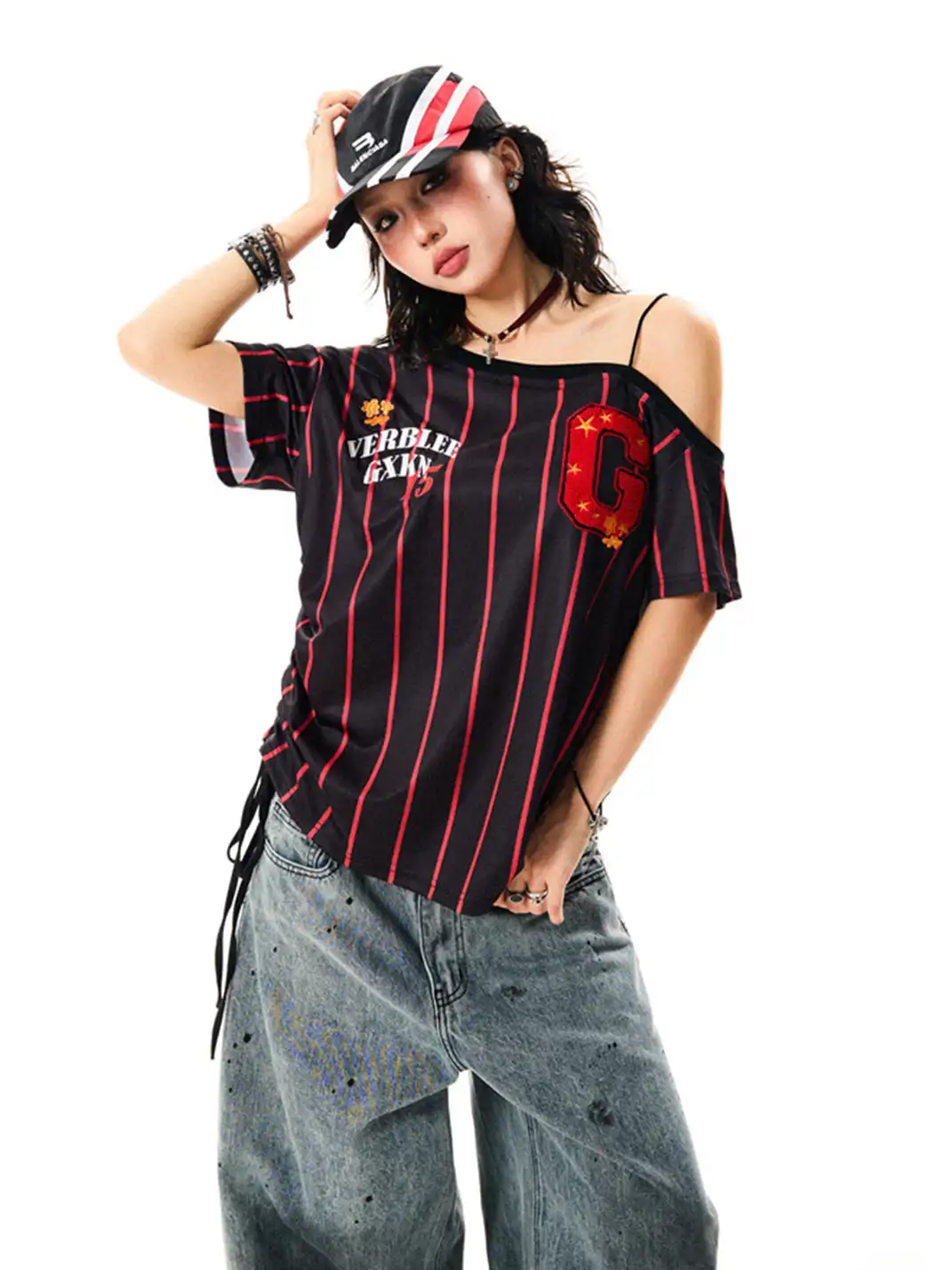 YOUNG STAGE | Letter Embroidered Striped One-Shoulder T-Shirt