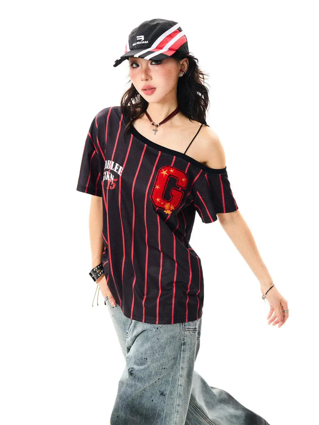 YOUNG STAGE | Letter Embroidered Striped One-Shoulder T-Shirt