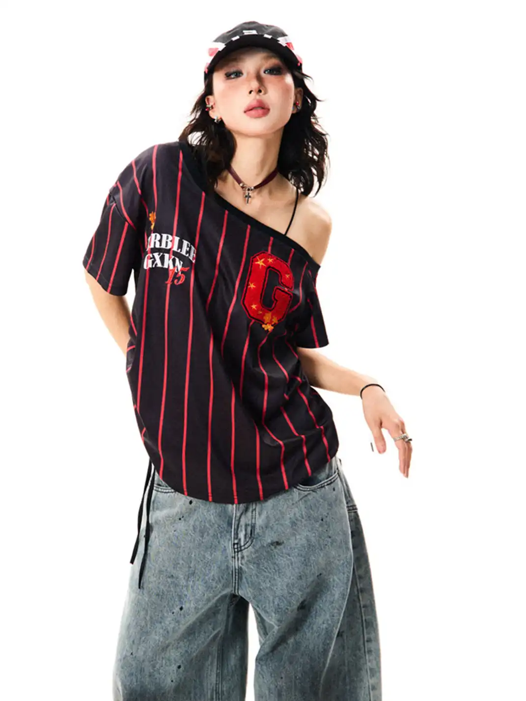 YOUNG STAGE | Letter Embroidered Striped One-Shoulder T-Shirt