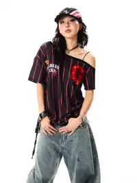 YOUNG STAGE | Letter Embroidered Striped One-Shoulder T-Shirt