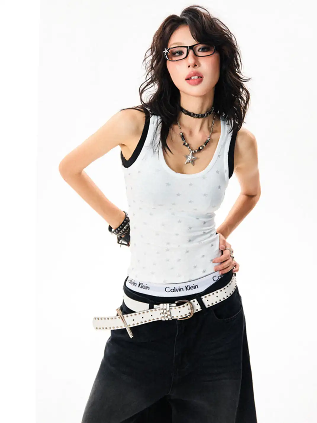 YOUNG STAGE | Allover Star Print Fake Two-Piece Cami Tank Top