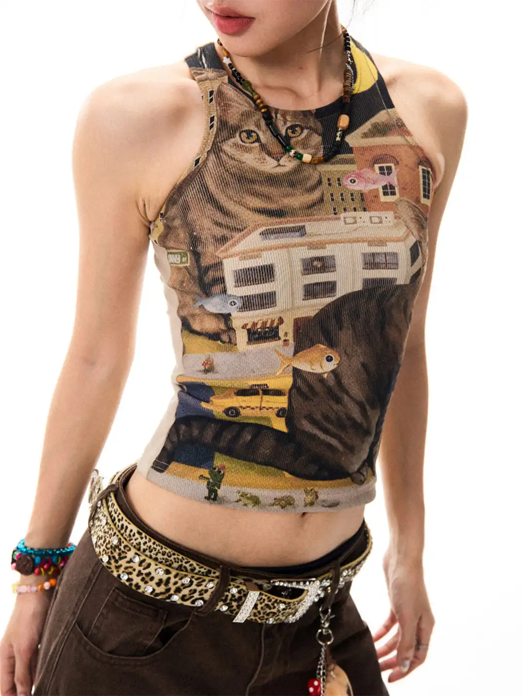 YOUNG STAGE | Allover Cat Print Racerback Tank Top