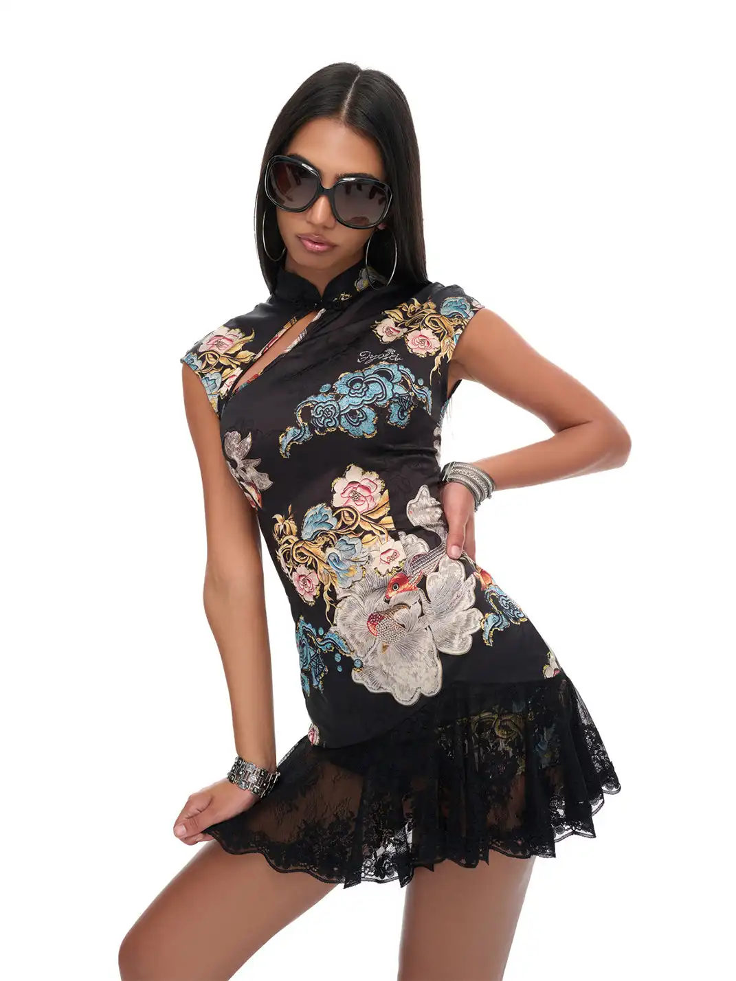 JYOSEI | Cheongsam Style Lace Hem Hollow Out Tie Dress