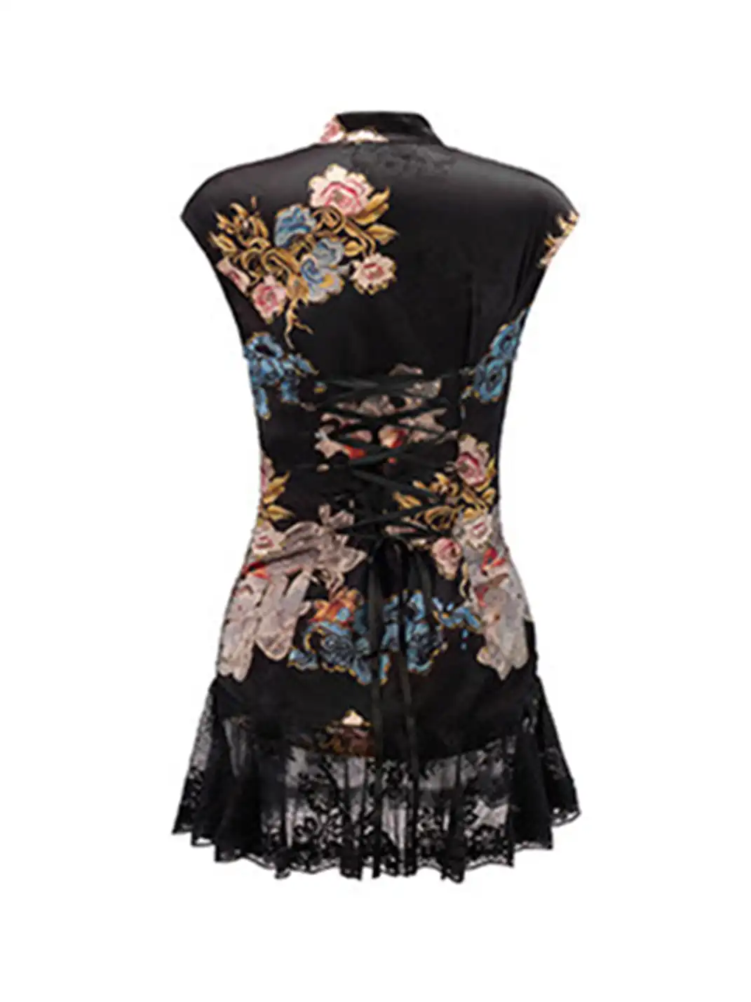 JYOSEI | Cheongsam Style Lace Hem Hollow Out Tie Dress
