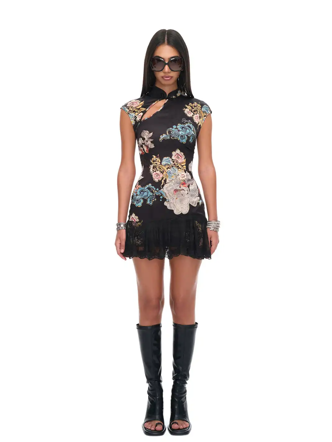 JYOSEI | Cheongsam Style Lace Hem Hollow Out Tie Dress
