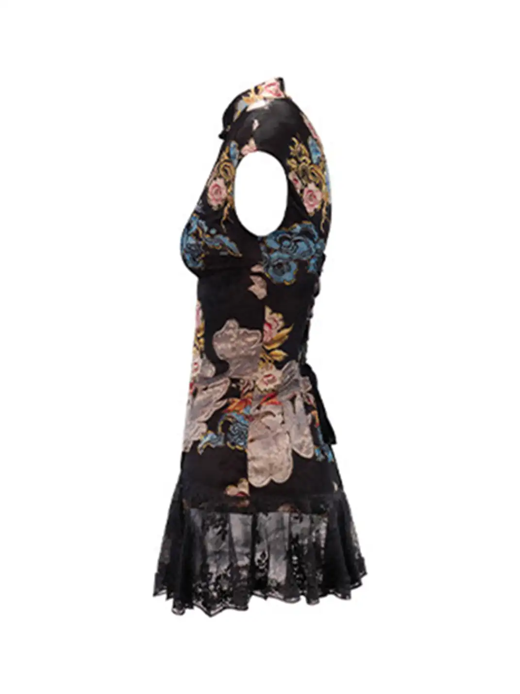 JYOSEI | Cheongsam Style Lace Hem Hollow Out Tie Dress