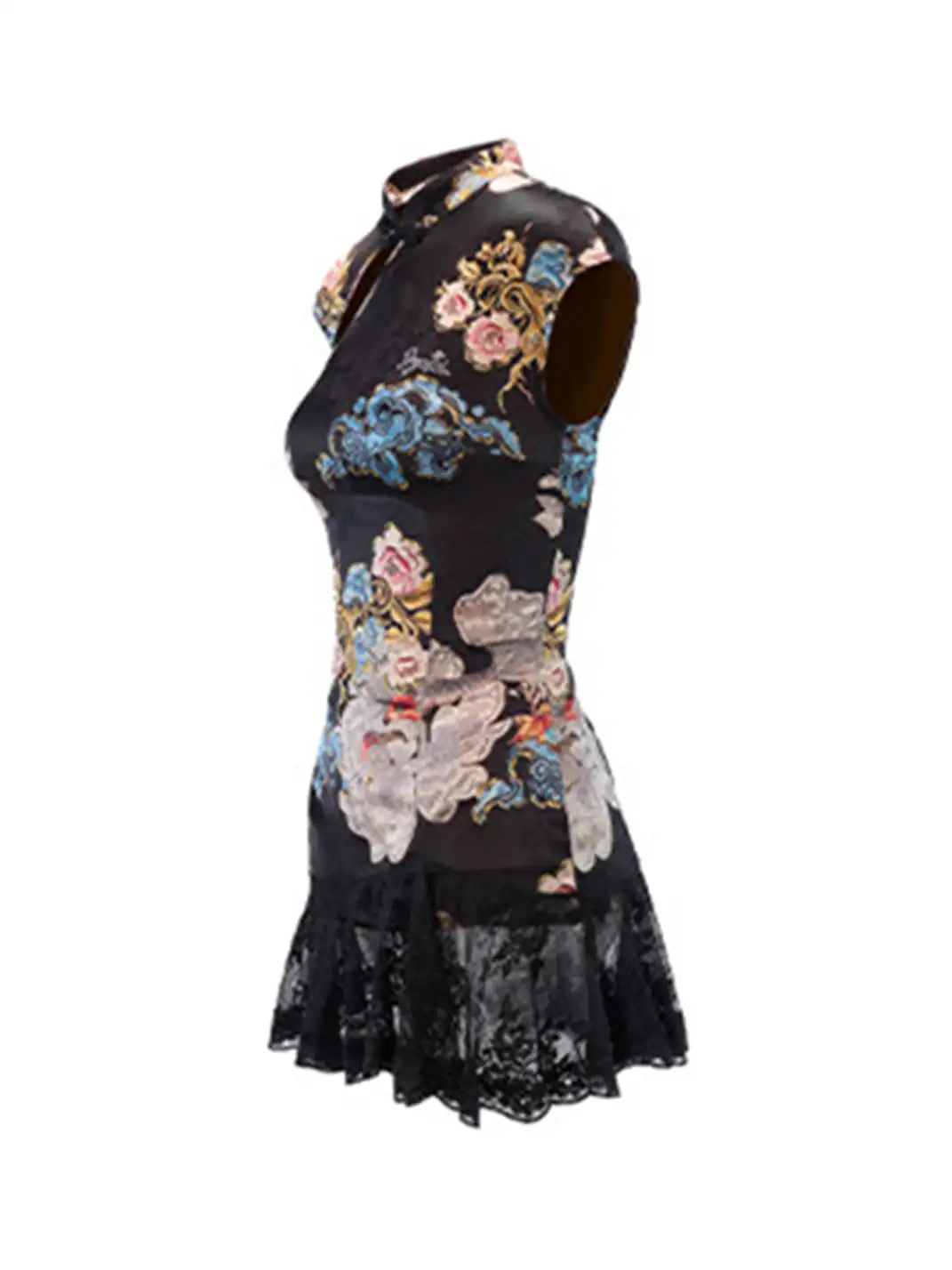 JYOSEI | Cheongsam Style Lace Hem Hollow Out Tie Dress