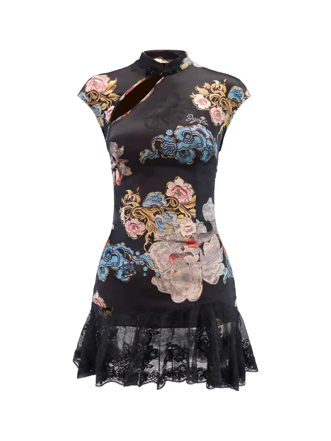 JYOSEI | Cheongsam Style Lace Hem Hollow Out Tie Dress