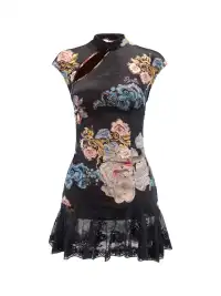 JYOSEI | Cheongsam Style Lace Hem Hollow Out Tie Dress