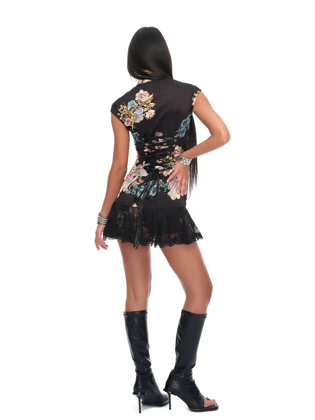 JYOSEI | Cheongsam Style Lace Hem Hollow Out Tie Dress