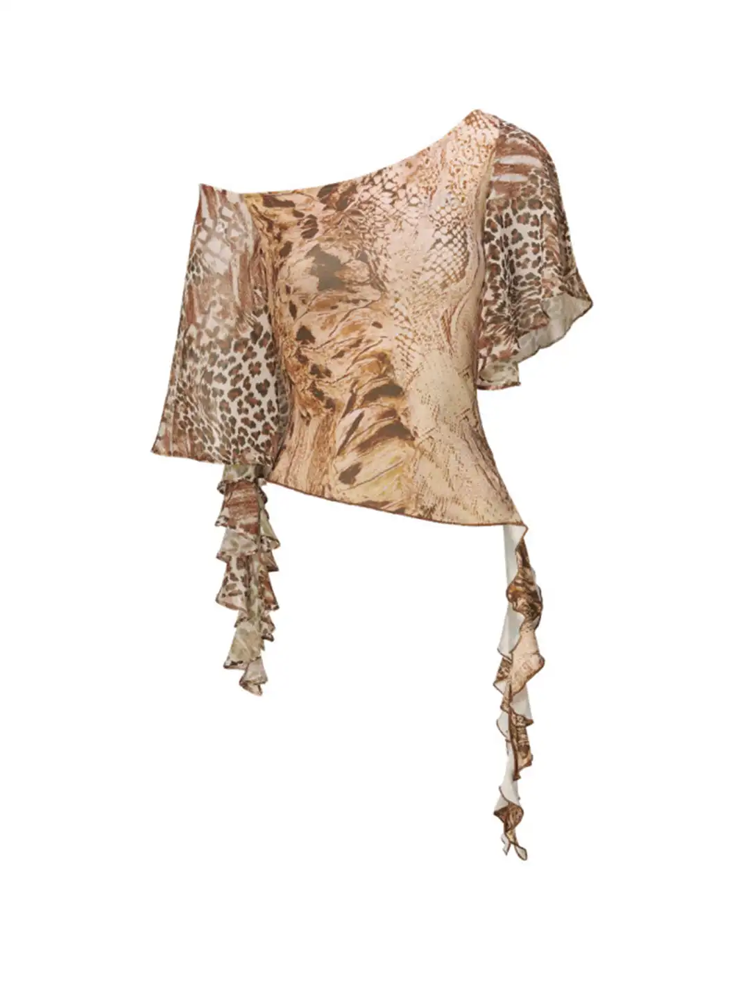 JYOSEI | Snake & Leopard Print One-Shoulder Slim Ruffle Top