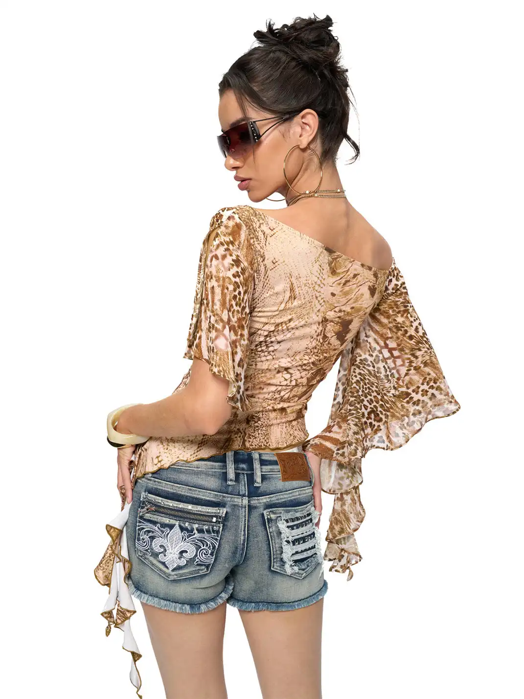 JYOSEI | Snake & Leopard Print One-Shoulder Slim Ruffle Top