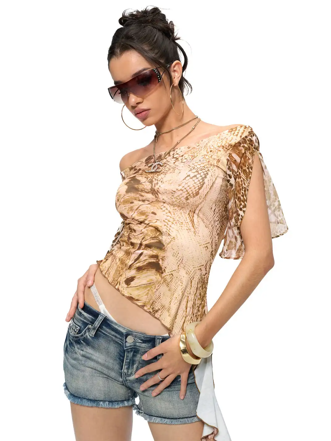 JYOSEI | Snake & Leopard Print One-Shoulder Slim Ruffle Top